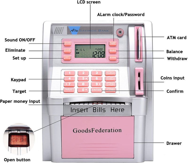 GoodsFederation 2024 Upgraded ATM Piggy Bank for Real Money for Kids Adults with Debit Card,Password Login,Bill Feeder,Coin Recognition,Saving Target,Balance Calculator,Electronic Savings Safe Machine Box (Pink) - Image 3